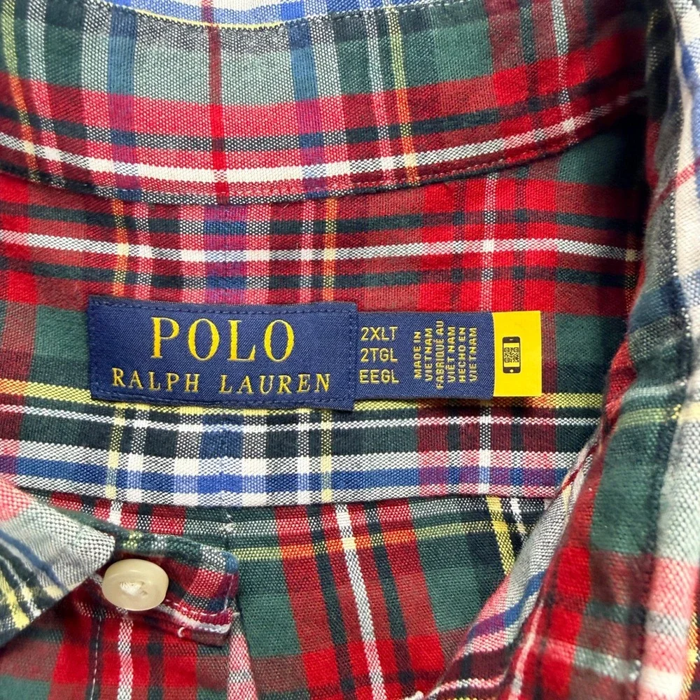 Polo Ralph Lauren Plaid Button Up Shirt‎ Mens 2XLT Red Green Cotton